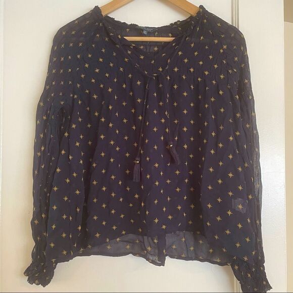 Lucky Brand women's long sleeve woven smocked peasant top navy w/ gold s… - Picture 1 of 11